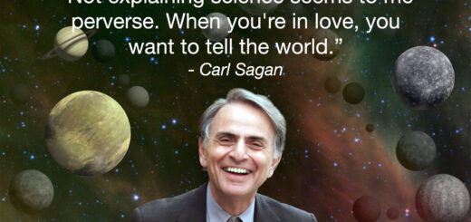 Figure 2: Photograph of Carl Sagan posing in front of an artistic rendition of a night sky with several planets in the background. The image shows the quote “Not explaining science seems to me perverse. When you're in love, you want to tell the world.”.